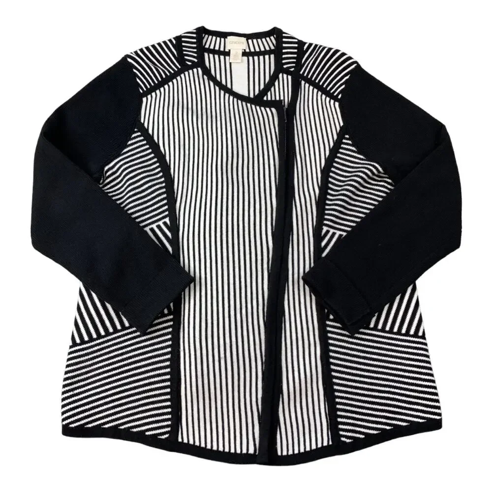 Chico's Natania Black/White Stripe asymmetrical Zip Up Cardigan Sweater size 12